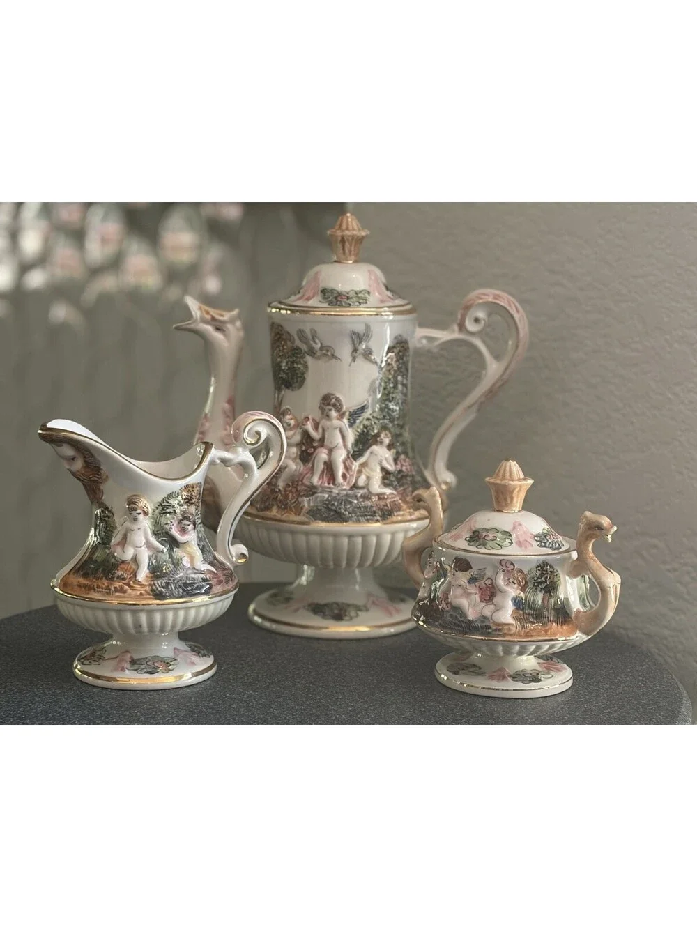 Vintage Capodimonte Italy Demitasse Cherub/Dragon Set Of 3 Tea Set